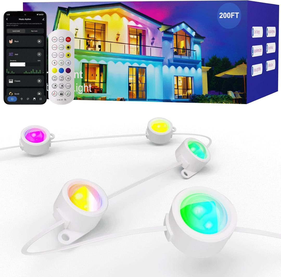 HUTAKUZE Permanent Outdoor Lights, 200FT with 120 RGB LEDs for Outdoor Decor, IP67 Waterproof, 48 Scene Modes Christmas House Lights,APP & Remote Control, Music Sync