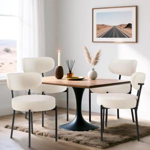 DUMOS Dining Chairs Set of 2, Mid Century Modern Chair Round Upholstered Curved Backrest, Kitchen Vanity Living Room Chairs with Black Metal Legs, Modern Beige