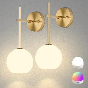 Gold Battery Operated Wall Sconces Set of 2, Rechargeable Wireless Wall Lights with Milky White Frosted Glass Shade, 12 RGB and 3CCT Dimmable, Wall Lamps with Remote for Bedroom Living Room Hallway