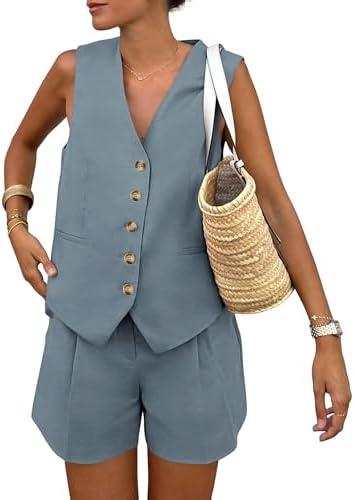 PRETTYGARDEN Women's Summer 2 Piece Outfits Sleeveless Matching Sets Button Down V Neck Vest Waistcoat and Pockets Shorts XS