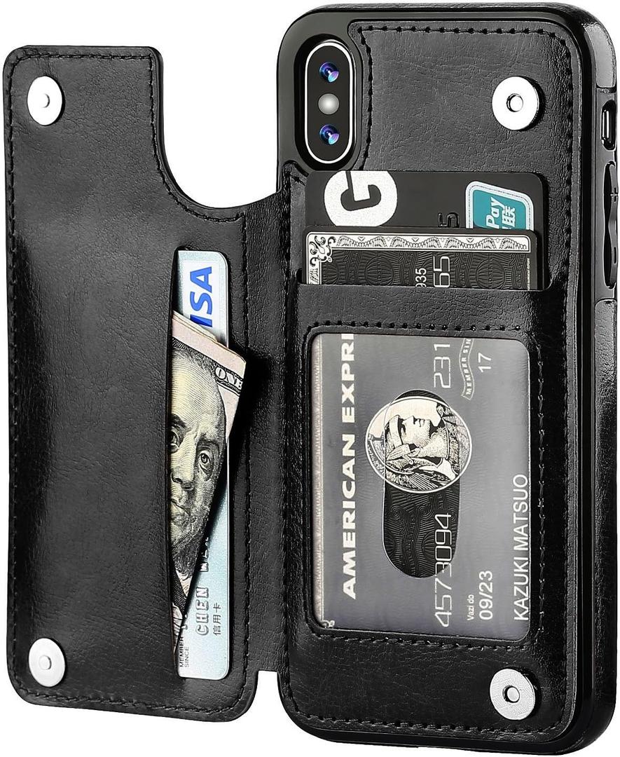 iPhone Xs iPhone X Wallet Case with Card Holder,OT ONETOP Premium PU Leather Kickstand Card Slots Case,Double Magnetic Clasp and Durable Shockproof Cover(Black)