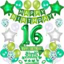 16 Birthday Decoration Number Balloon Set Happy Birthday Banner Star Foil Latex Balloons Glitter Satin Sashes Cupcake Toppers Party Decor 16th Years Old Decorations Party Supplies, Green