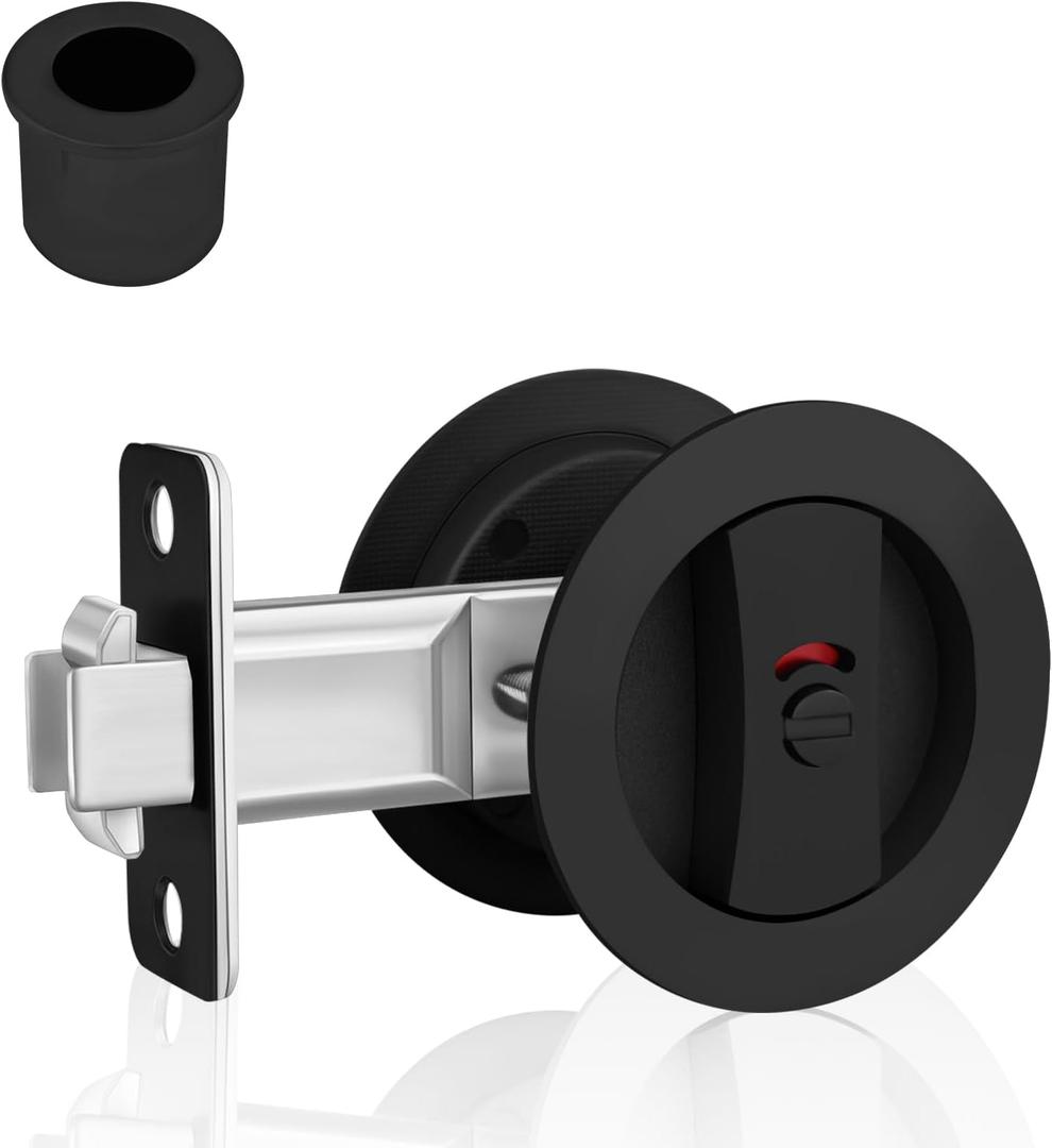 Round Pocket Door Lock and Edge Pull, Privacy Pocket Door Latch with Color Coded Indicators, Matte Black Flush Pocket Door Hardware Fits 1-1/4" ~ 2-1/5" Door Thickness, 2-3/8" Backset