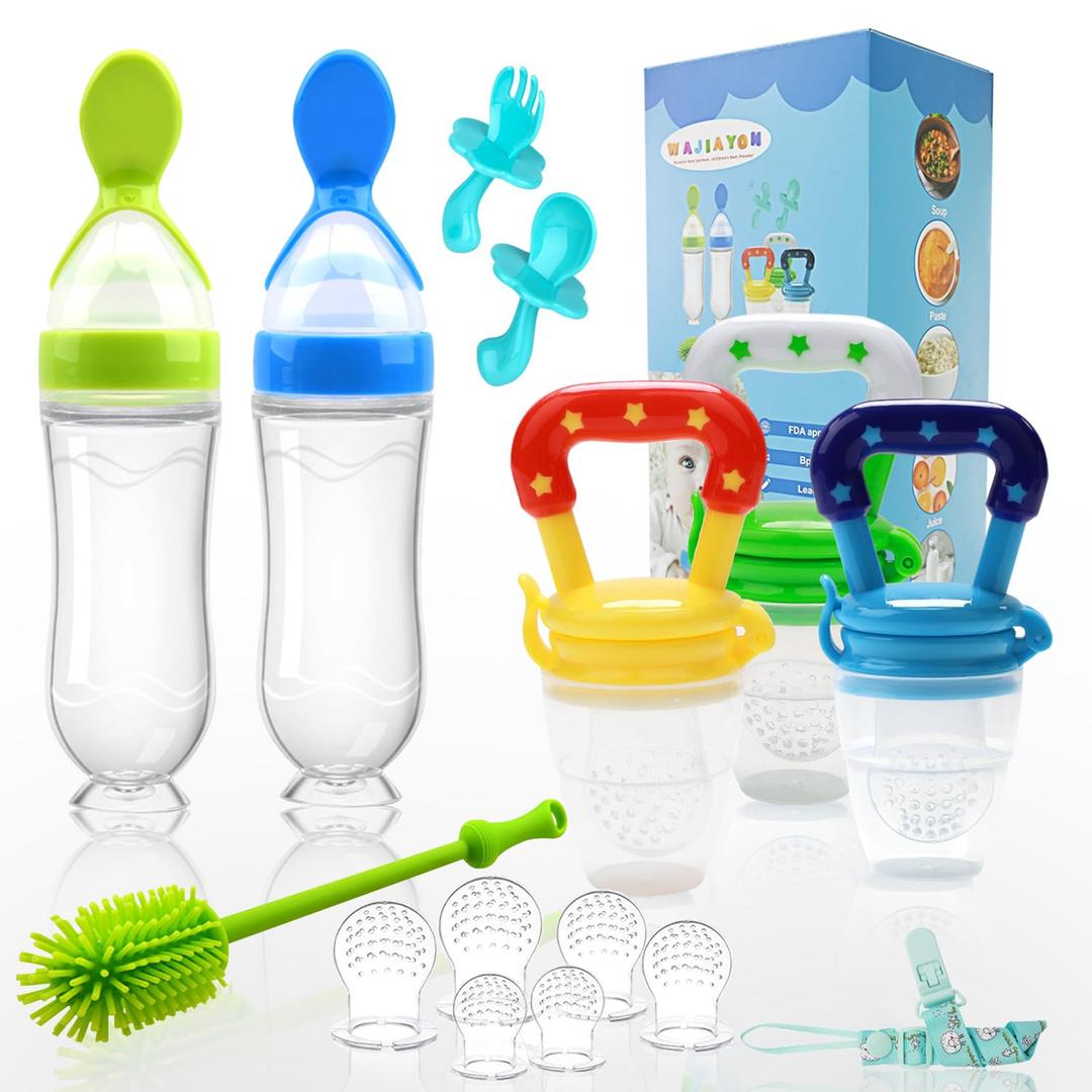 Food Feeder Baby Fruit Feeder Pacifier (3 Pcs) with 6 Different Sized Silicone Pacifiers 2 PCS Silicone Babies Food Dispensing Spoon 90ML with 2 Baby Spoons Bottle Brush Pacifier Clip (01-Multicolor)