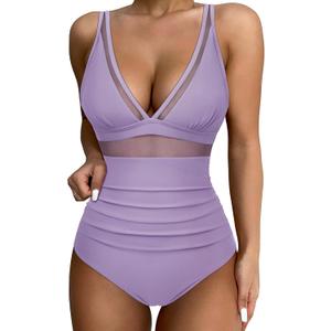 SUUKSESS Women Sexy Mesh Tummy Control Swimsuit Push Up High Waisted Bathing Suit (XX-Large, 10 Light Purple)