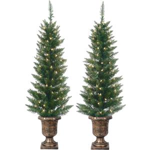 Set of 2 Lighted Pre-Potted 4 Foot Artificial Cedar Topiary Outdoor Indoor Trees - Set of 2 - Battery Operated with Timers Set of 2 Lighted Pre-Potted 4 Foot Artificial Cedar Topiary Outdoor Indoor Trees - Set of 2 - Battery Operated with Timers