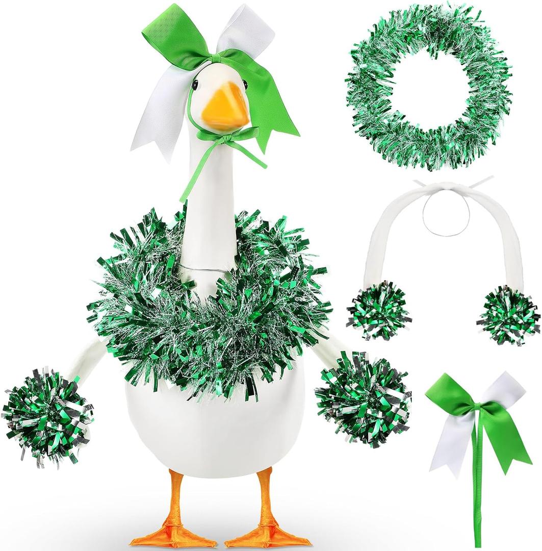 AceOrbit 3 Pcs Cheerleader Porch Goose Outfit Poseable Wings with Pom Poms Garland and Bow for 23" Lawn Cement Goose Football Classroom Garden Patio Yard Outdoor Festival Decorations(Green)