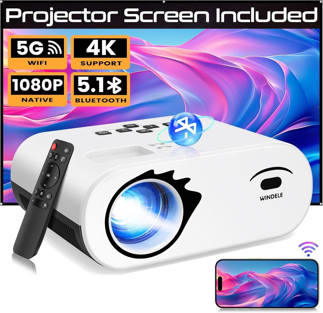 Windele 2024 Upgraded 5G Wifi Bluetooth Projector, M8 Native 1080P Video Projector, Portable Outdoor Projector with Screen, Home Theater Mini Projector Compatible with HDMI/USB, Black & White