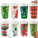 JOYIN 48 Pcs Merry Christmas Disposable Cups with Sleeves and Lids, 8 Designs Xmas Drinkware 16 oz Paper Cup For Hot Chocolate Coffee Cold Beverage Holiday Tableware Winter Party Supplies Favors