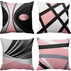 Emvency Set of 4 Soft Pink Throw Pillow Covers Modern Abstract Black Grey Stripes Gray White Acrylic Bold Decorative Pillow Cases Home Decor Square 16x16 Inches Pillowcases