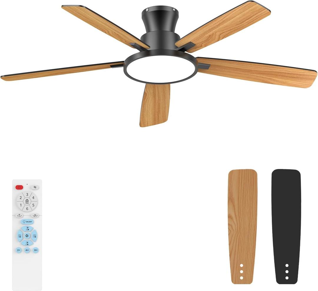 Ceiling Fans with Lights,52 inch,Quiet,Reversible Motor,Dimmable, Adjustable Color Temperature,6 Speeds,Timer, Low Profile Ceiling Fan for Bedroom,Living Room,Indoor/Outdoor Use (Black) (Black and Oak)