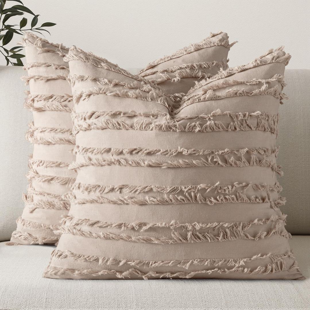 MIULEE Set of 2 Decorative Boho Throw Pillow Covers Spring Linen Striped Jacquard Pattern Cushion Covers for Sofa Couch Living Room Bedroom 18x18 Inch Beige