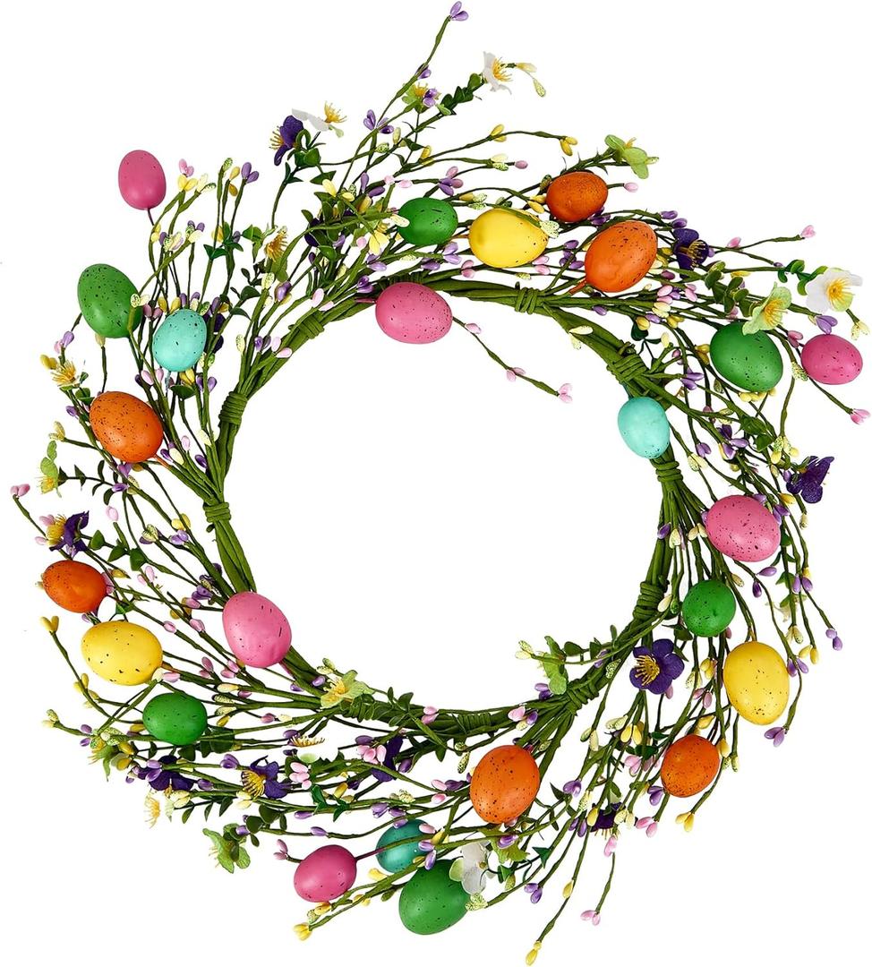 Artificial Easter Door Wreath, Spring Easter Eggs Berry Buds Wreath for Front Window Wall Decor Decorations, Multicolor 19 inch