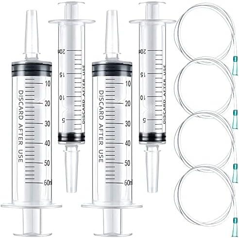 8Pcs Plastic Syringe Set 60ml 20ml Industrial Plastic Syringe with Handy Tubing 30cm(12in) for Refilling Fluids, Feeding Pets, Drawing Oil, Measuring, Watering, Multiple Uses, 20mlx2 + 60mlx2+ Hosex4