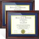 8.5x11 Diploma Frame with Mat Set of 2, Degree Frame Display 11x14 Certificate Document Picture without Mat, Mahogany Solid Wood and HD Plexiglass Frame with Blue Mat