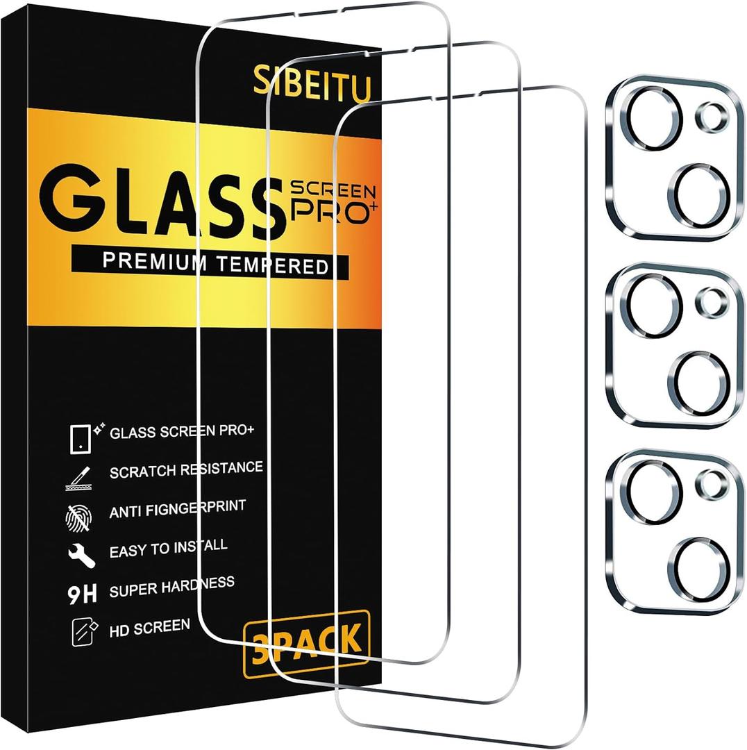 SIBEITU 3 Pack Screen Protector for iPhone 13 with 3 Pack Camera Lens Tempered Glass Protector, 6.1 Inch HD Clear Tempered Glass Film 9H Hardness Full Coverage, Scratch Resistent, No Air Bubbles