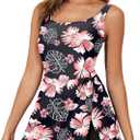Aleumdr One Piece Swimdress Swimsuit for Women Tummy Control Split Swim Dress Skirt Bathing Suit with Pockets (Large, Floral Black)