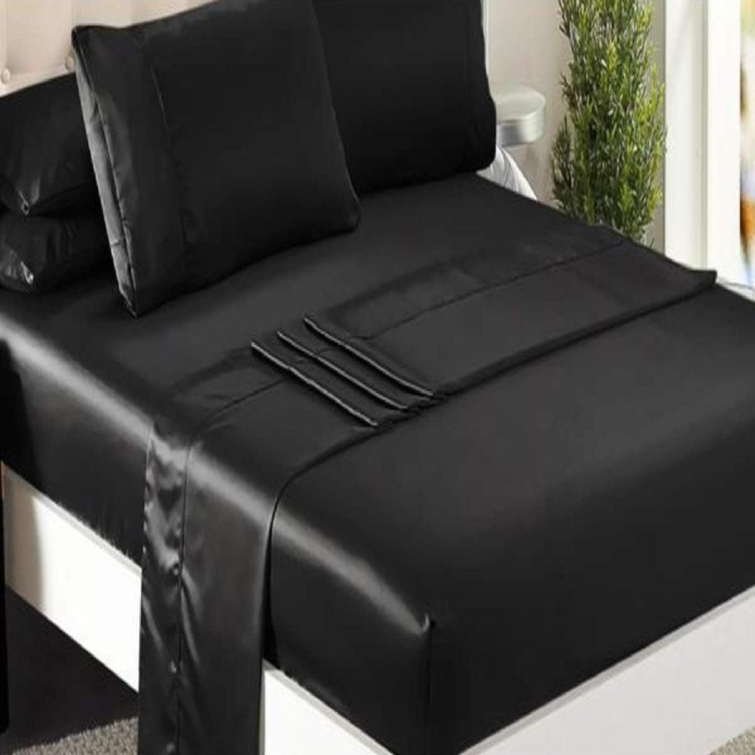 Satin King Bed Sheet Set 4 Pieces Black Silky Smooth Bridal Satin 15" Deep Pocket Fitted, Flat, 2 Pillow Cases Wrinkle Stain, Fade Resistant