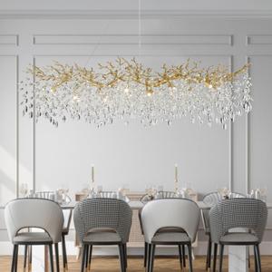 Modern Gold Crystal Chandeliers Chandeliers - L63 inch Rectangular Golden Tree Branches Ceiling Pendant Light Fixtures, Luxury K9 Raindrop for Dining Room, Rectangular, Length 63"