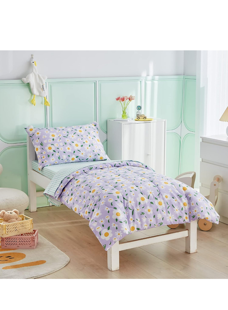 4 Pieces White Girls Toddler Bedding Set Purple Floral Style - Includes Adorable Quilted Flower Comforter, Green Plaid Fitted Sheet, Top Sheet, and Pillow Case for Girls Bed, Size 105*140 cm
