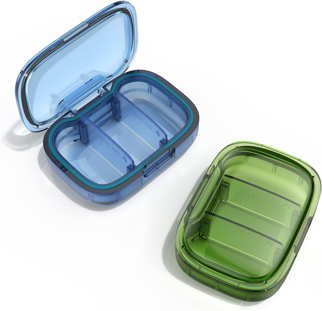 2 Pack 3 Compartment Small Pill Box, Moisture Proof Case, Travel Organizer for Pocket Purse, Daily Portable Medicine Vitamin Container, Fish Oil and Supplement Storage (Green + Blue)