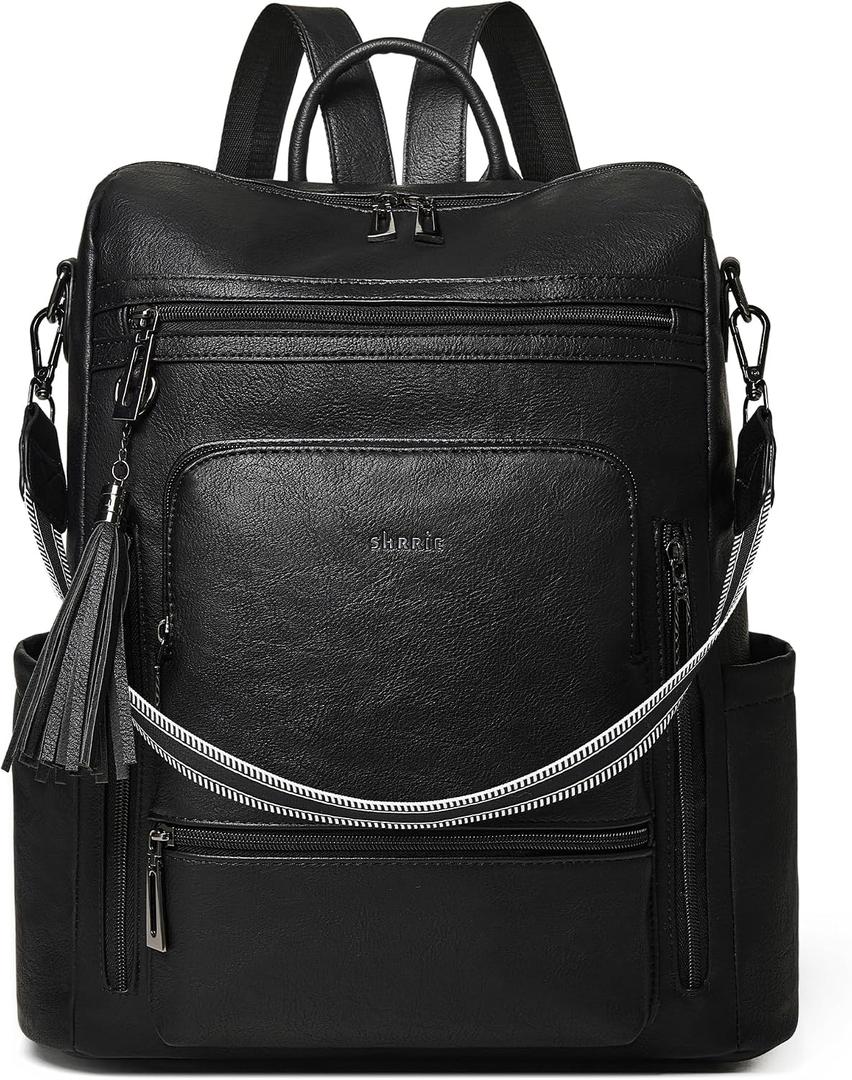Shrrie Vegan Leather Laptop Backpack for Women 15.6 inch Work Backpack Fashion Travel Backpack Purse for Travel College Work, Black