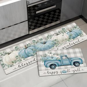 Fall Kitchen Mat Rugs Sets of 2,Blue Happy Fall Y'all Truck Pumpkin Tractor Checkered Rugs for Decorations Hallways,Sink,Laundry Room,Floor Non Slip Carpet Washable 16x24 + 16x41 in (Colorful 10)