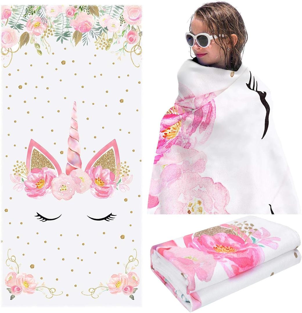 BOAO Unicorn Beach Towel for Girls Unicorn Microfiber Beach Towel for Kids 27.5" x 59" Quick Dry Rainbow Bath Towels Absorbent for Travel Sports Swim Spa Home Bathroom Pool (Glitter Pink, Cute Style)
