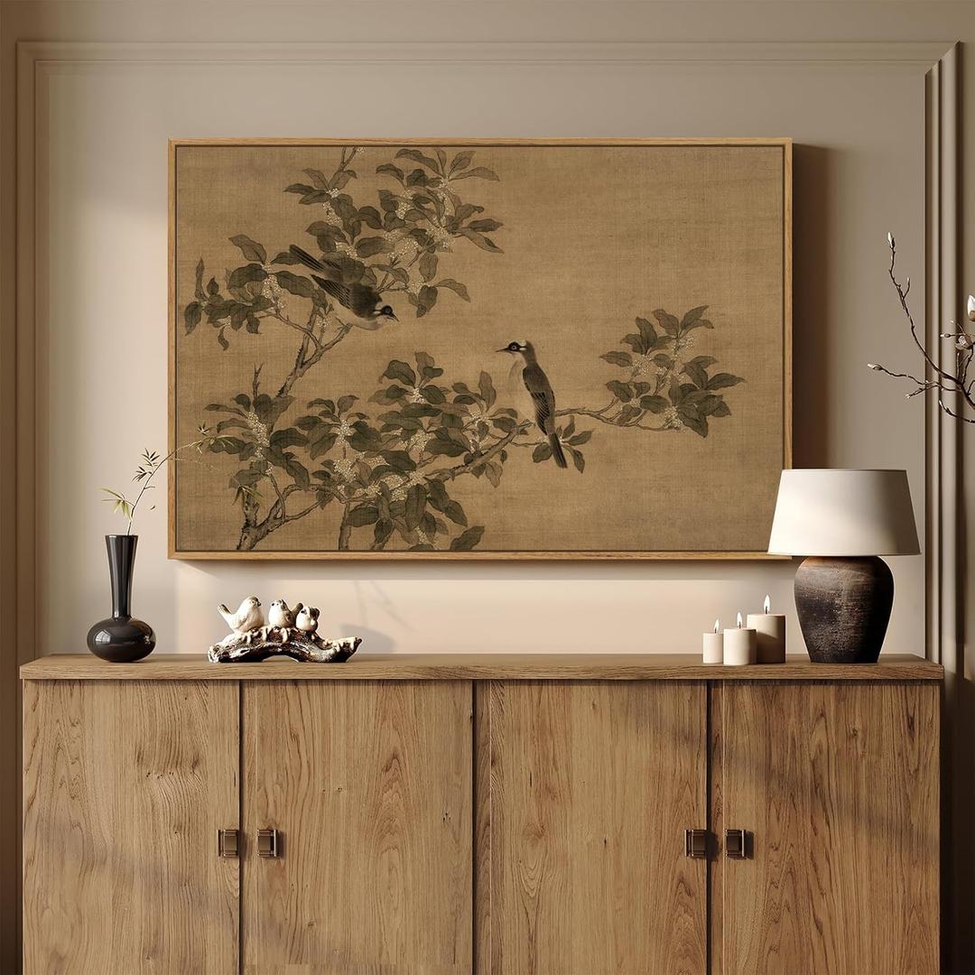 Framed Vintage Botanical Birds on Branch Wall Art, Retro Neutral Still Life Canvas Artwork for Walls, Elegant Rustic Painting Print for Living Room Bedroom Dining Room Office Wall Decor, 36x24 Inch