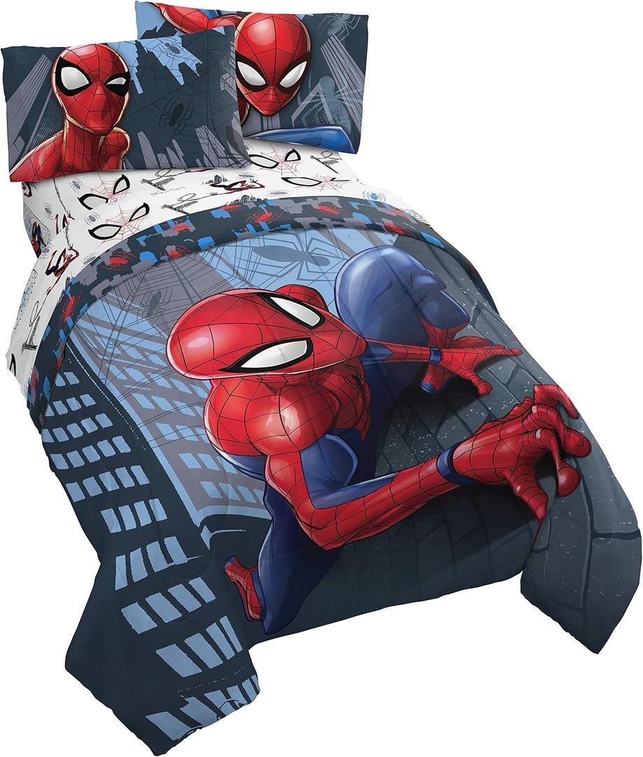 Jay Franco Marvel Spiderman Crawl 4 Piece Twin Bed Set - Includes Reversible Comforter & Sheet Set Bedding - Fade Resistant Microfiber - (Official Marvel Product), Multi - Spiderman