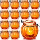 Mumufy 12 Sets Pumpkin Votive Candle Holders Thanksgiving Tea Light Holder Glass Fall Candle Holders with Handle for Thanksgiving Table Centerpiece Decorations Halloween Party Decor(Orange)