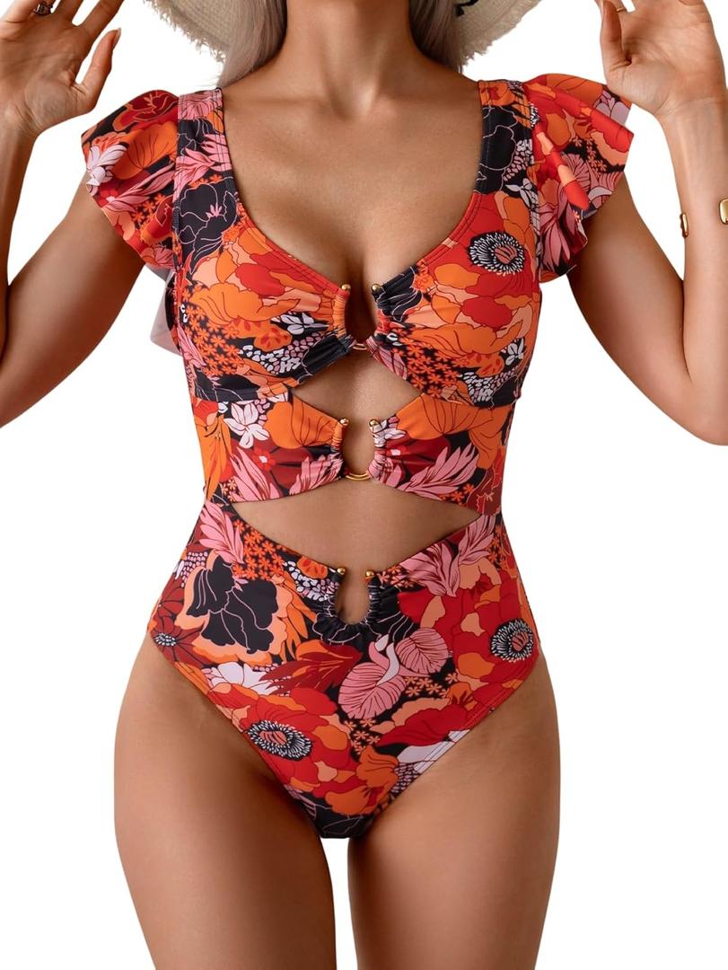 B2prity Women's One Piece Swimsuit Ruffle Sleeve Cut Out Bathing Suit Tie Back High Waisted Swim Suit (Medium, Red Print)