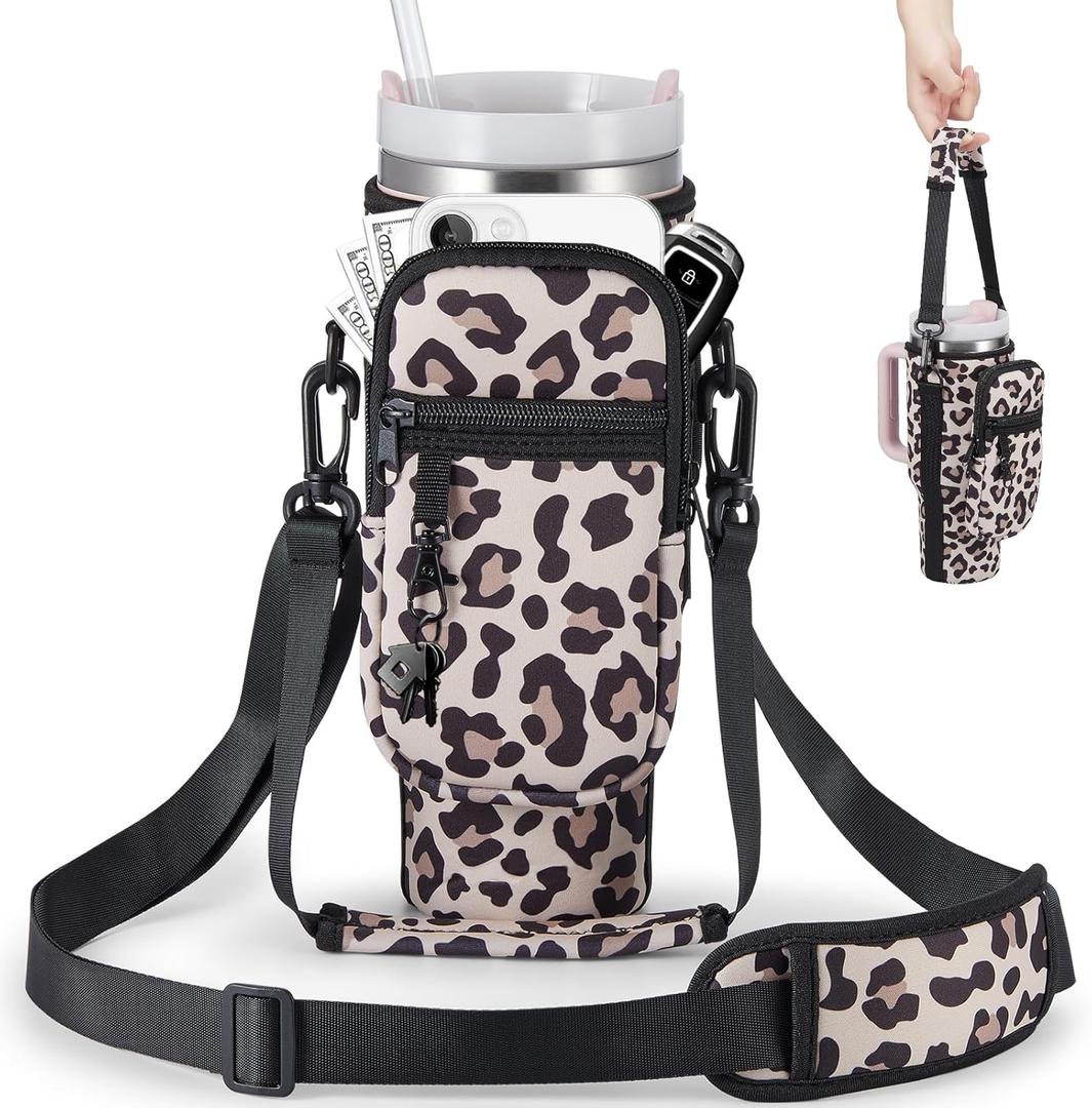 Water Bottle Carrier Bag with Phone Pocket for Stanley 40 & 30 oz Tumbler with Handle,Pink Insulated Neoprene Cup Holder Pouch w/Adjustable Strap for Quencher H2.0 Stanley Cup Accessories (Leopard Print)