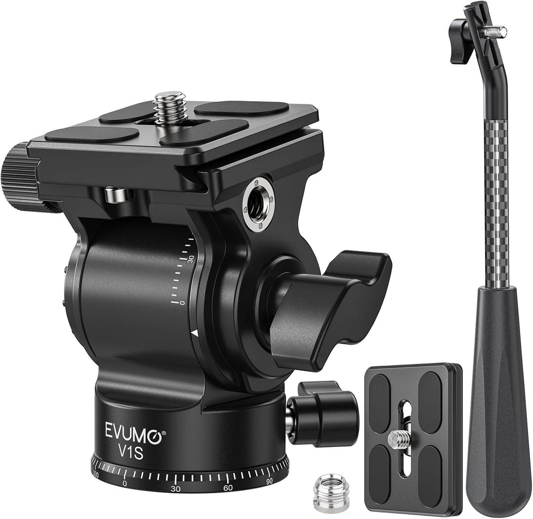 V1S Mini Fluid Video Head, Metal Small Pan Tilt Head Mount for Tripod, Monopod, Camera, Camcorder, Comes with 2 Arca Tpye Quick Release Plates & Detachable Handle, Max Load 11lbs/5kg