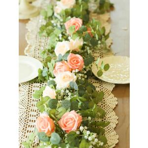 6FT Artificial Eucalyptus Garland with 10 Pink Roses and Baby Breath Flower Greenery Garland for Table Centerpiece Party Wedding Decor Indoor Outdoor Backdrop Wall Decorations