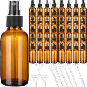 Nuogo 50 Pieces Mini Glass Spray Bottles Bulk 4 Oz Fine Mist Glass Bottles with Funnel Dropper and Cleaning Brush Refillable for Essential Oils, Perfumes and Aromatherapy(Brown)