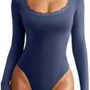 REORIA Women's Sexy Lace Scoop Neck Long Sleeve Double Lined Layering Slim Bodysuit Tops. Size S