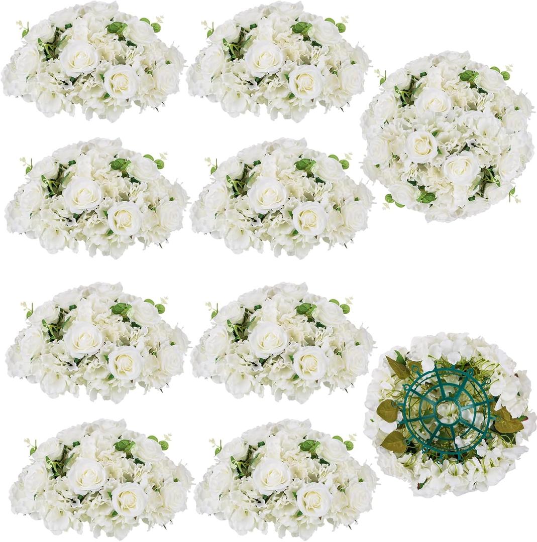 BLOSMON Wedding Flower Centerpieces for Tables: 10 Pcs 15.7" Large White Rose Hydrangea Artificial Flowers Ball Decorations - Faux Silk Floral Bouquet Arrangement for Home Party Event Decor