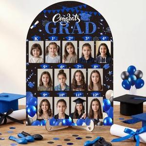 Leinuosen 2026 Graduation Photo Display Kindergarten to 12th Grade Photo Display 12 x 17 Inch School Years Wood Picture Board for Senior High School Graduation Decoration, 2 x 3 Pictures(Blue Black)