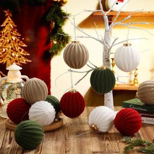 12 Pcs Neutral Christmas Ornaments 3.15 Inch Red Green White Beige Crochet Christmas Ball Boho Farmhouse Rustic Ornaments Handmade Knitted Woven Wool Ball for Xmas Tree Decoration
