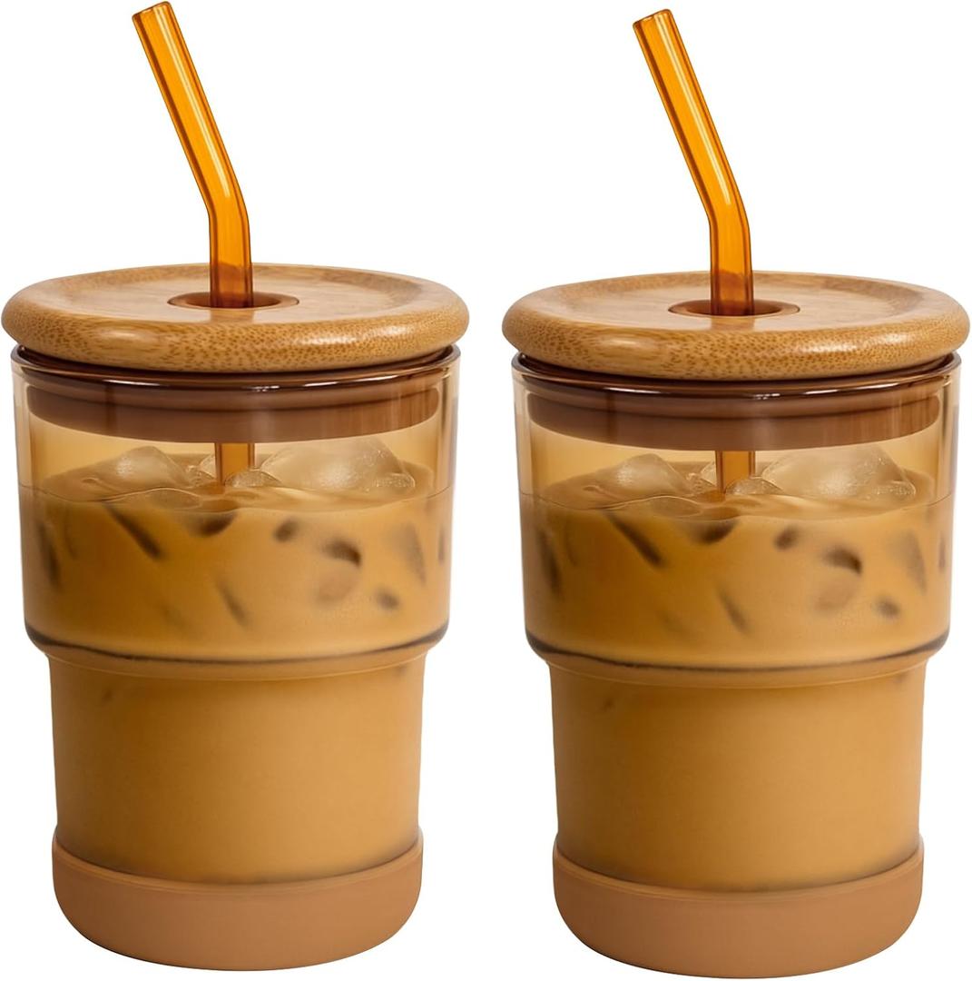 Zukro 13 oz/400ml Glass Cups with Bamboo Lid & Glass Straw, Non-Slip Bottom - Reusable Thick Wall Drinking Glasses for Iced Coffee, Tea, Water - BPA Free for Home, Office, Amber 2 Pack