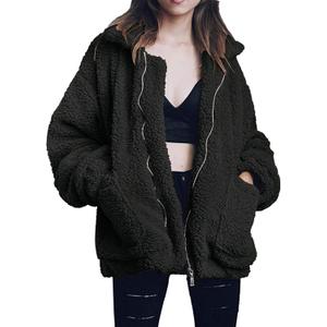 Comeon Women's Coat Casual Lapel Fleece Fuzzy Faux Shearling Zipper Coats Warm Winter Oversized Outwear Jackets, Size 2XL (Black)