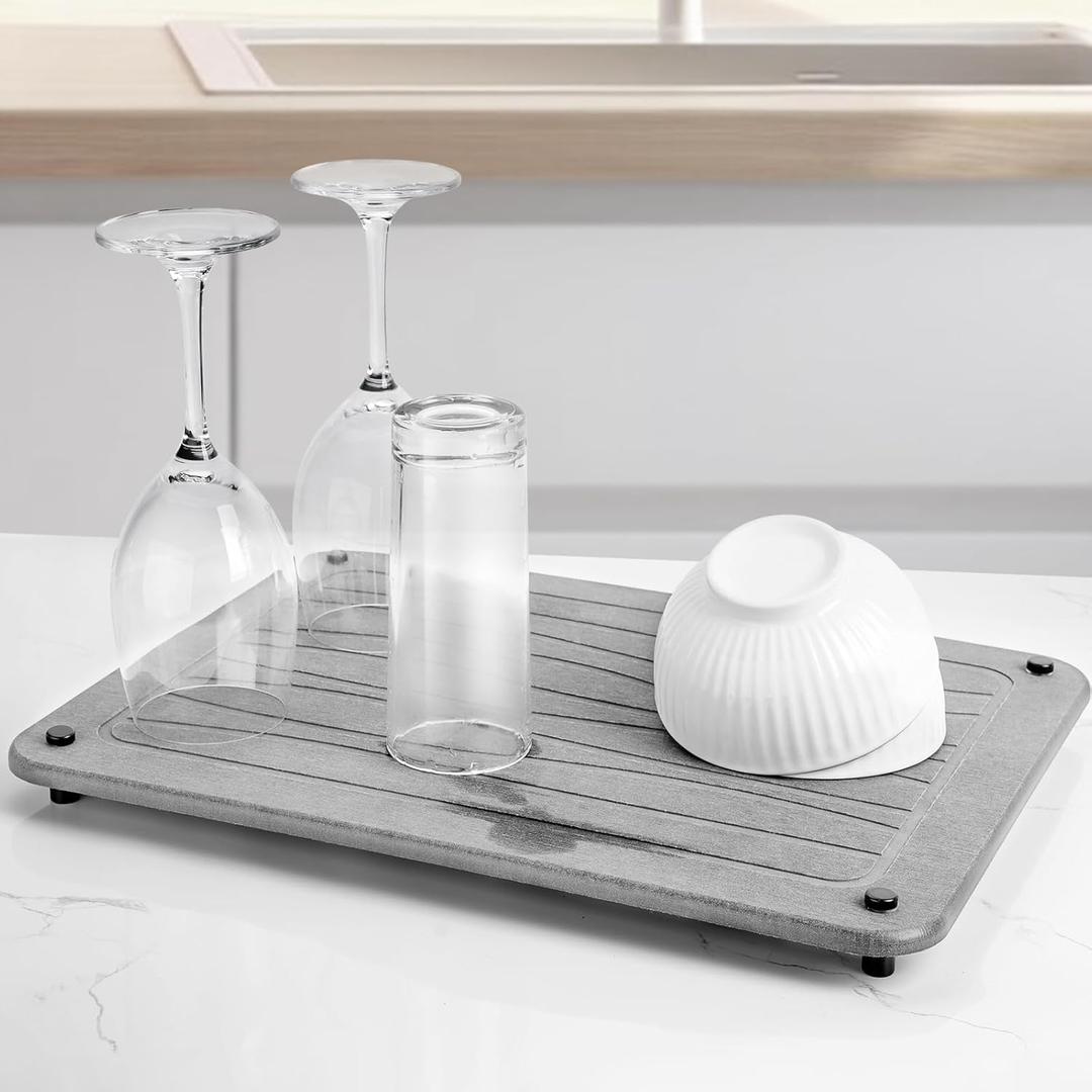 Stone Dish Drying Mats for Kitchen Counter 15.7"x 11.8" Quick Dry Stone Drying Mat Super Absorbent Diatomaceous Earth Drying Mat with 4 Non-Slip Stainless Steel Feet for Dishes&Cups Dark Grey