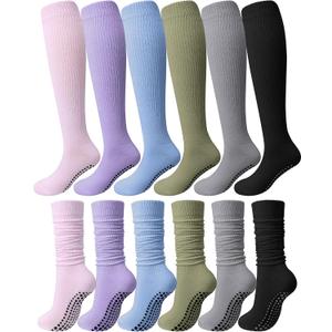 Eurzom 6 Pairs Long Pilates Socks with Grips for Women Tall Knee High Pilates Yoga Slouch Scrunch Non Slip Socks for Yoga Barre Workout Home Hospital
