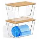 Trash Bag Holders with Bamboo Lids 2 Pack, Garbage Bag Dispenser with Lid, Open Front Stackable Storage Bins, Storage Container for Kitchen, Laundry Organization, Kitchen, Pantry,Under-Sink