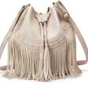 Leather Bucket Bags for Women Crossbody Fringe Purses with Drawstring Ladies Tassel Hobo and Shoulder Handbags (White)