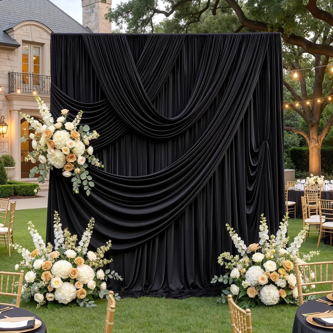 60ftx12ft Wrinkle Free Black Backdrop Curtain, 12 Panels 12FT Height Black Drapes for Wedding, Silky Polyester Photo Back Drop Cloth Draping for Birthday Party Photography Background