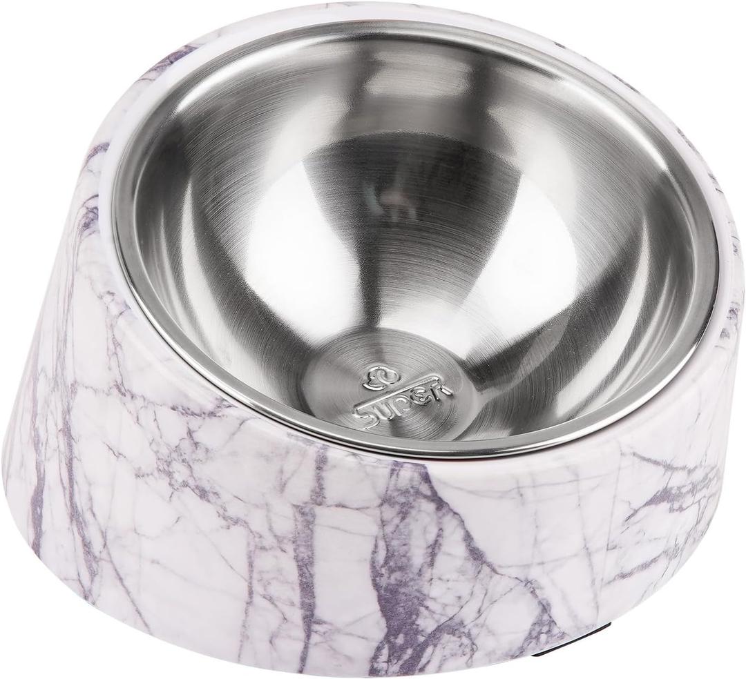 SUPER DESIGN Mess Free 15 Degree Slanted Bowl for Dogs and Cats, Tilted Angle Bulldog Bowl Pet Feeder, Non-Skid & Non-Spill, Easier to Reach Food M/1.5 Cup Marble