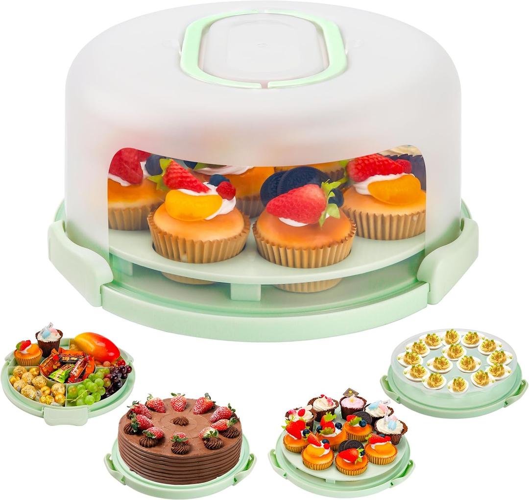 NPLUX Green Cake Containers with Lids Round Plastic Cupcake Holders 4-in-1 Multipurpose Cake Carrier Holder for 11 Inch Cake Pies Cupcake Eggs Fruit or Snack Transport