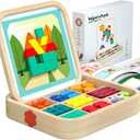 288 PCS Wooden Magnetic Pattern Blocks Set Montessori Tangram Puzzle with Pattern Cards & Storage Bag | Preschool Montessori Brain Teaser, STEM Gift for 3-8 Years Old Toddler Kids